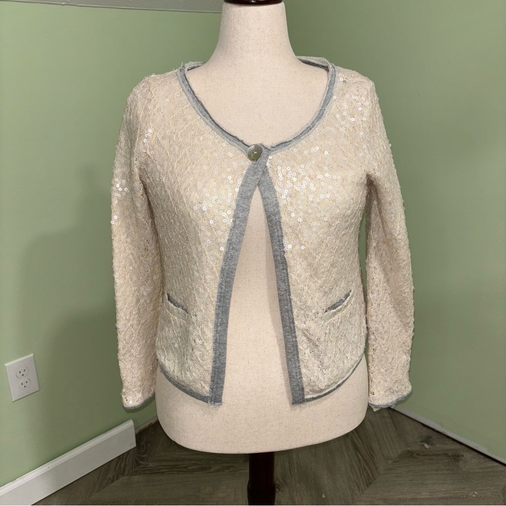 Soft Surroundings Ivory Sequin Kimono Topper Cardigan Boho Preppy Women’s Sz M